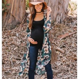 Green floral print chiffon kimono